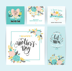 Fototapeta na wymiar Set of Happy Mothers Day lettering greeting cards with Flowers.