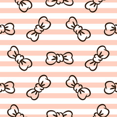 Bowknots on striped pink and white seamless vector pattern. Girlish tender pastel color texture for textile, apparel and wallpaper.