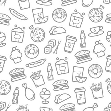 Fast food seamless pattern of seafood, snacks and desserts. Vector burgers and sandwiches, sushi and sashimi rolls, pizza and hot dog, chicken legs and wings and french fries with popcorn basket