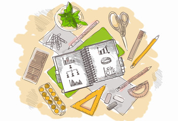 Drawn image of work table with objects