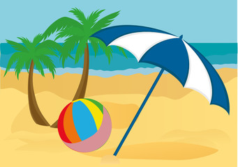 Fototapeta na wymiar The concept of a beach holiday. Umbrella with a ball on the sand