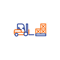 Fork truck with pallet of boxes, cargo load storage service line icon