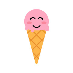 Icono plano cara sonriendo kawaii en cornete de fresa en fondo blanco