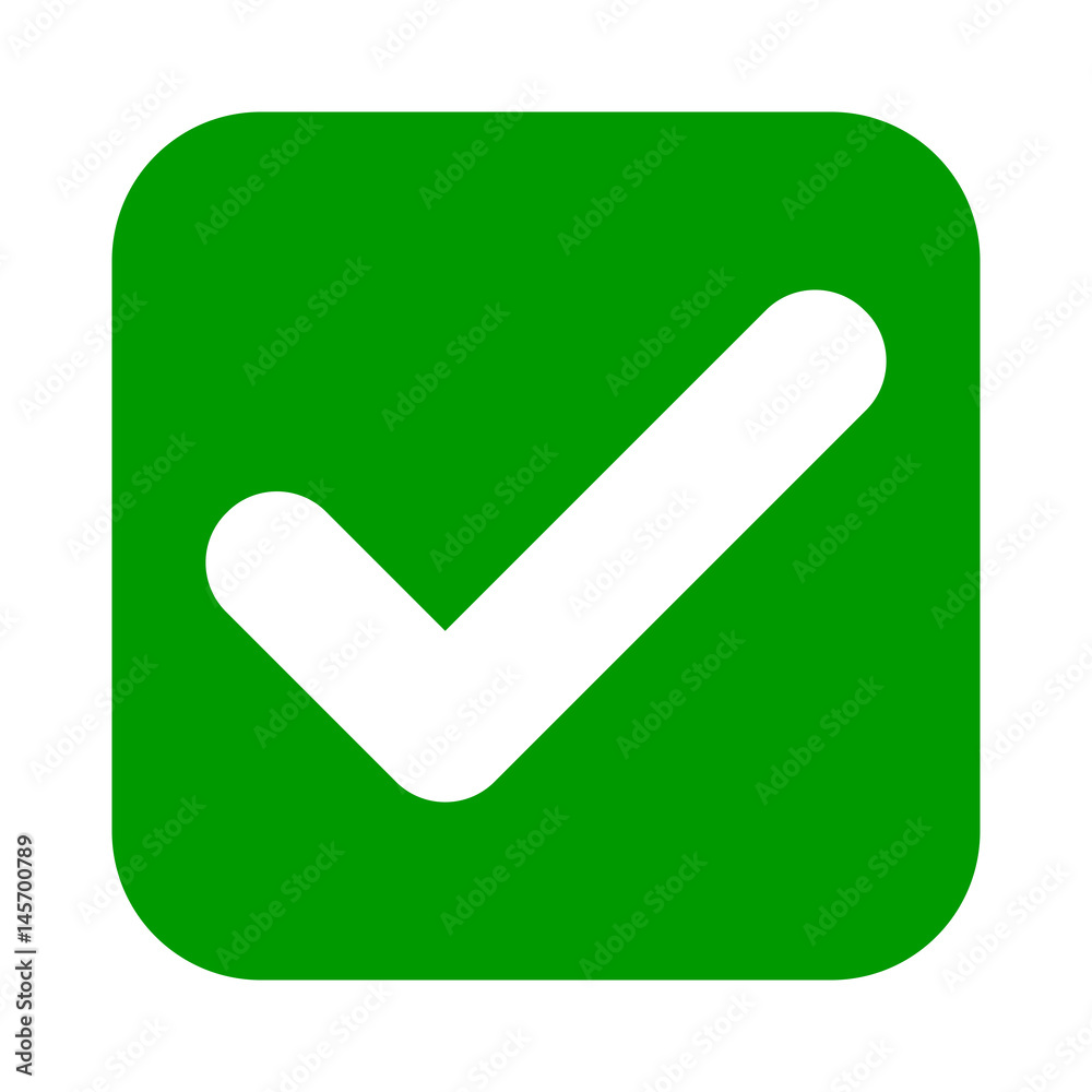 Poster flat square check mark green icon, button. tick symbol isolated on white background. vector illustra