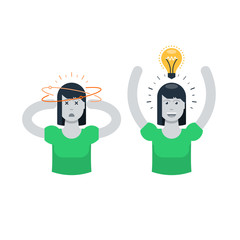 Mood swing, tired woman and full of energy in comparison, girl in period