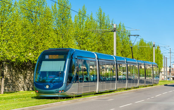 City tram on a street of Bordeaux, France