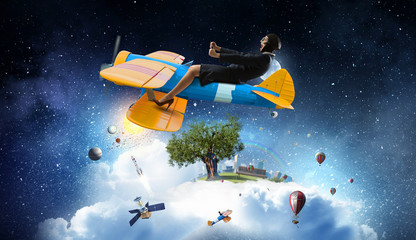 Woman in drawn airplane . Mixed media