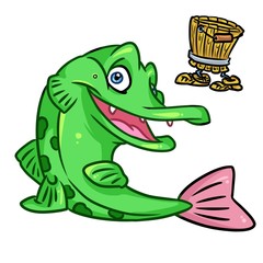 Pike fish Russian fairy tale cartoon illustration