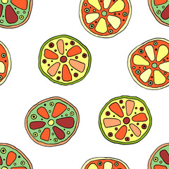 Seamless vector hand drawn childish pattern with fruits. Cute childlike lime, lemon, orange, grapefruit with leaves, seeds, drops. Doodle, sketch, cartoon style background. Line drawing