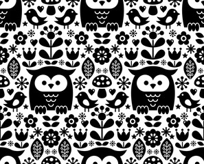 Fototapeta premium Scandinavian seamless pattern, Nordic folk art - inspired by traditional Finnish and Swedish designs