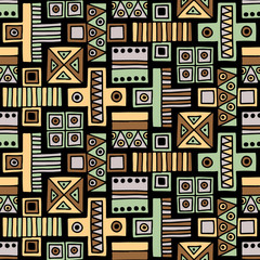 Seamless vector pattern. Geometrical background with hand drawn decorative tribal elements in vintage brown colors. Print with ethnic, folk, traditional motifs. Graphic vector illustration.