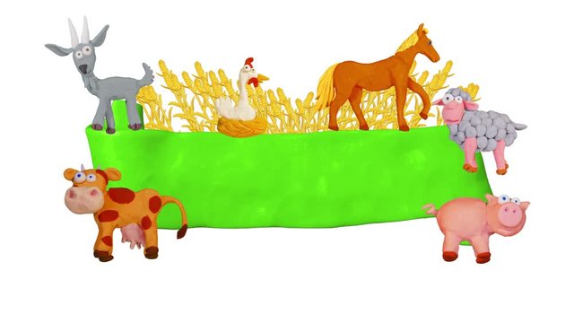 Green ribbon with Plasticine Animals goat, pig, cow, chicken, sheep, horse. Background for farm. Alpha matte. Clay animation. 4K