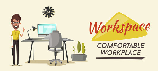 Modern workplace. Creative character. Office work. Cartoon vector illustration