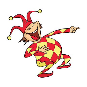 The laughing clown or jester in fool's cap is pointing the finger. Vector illustration.