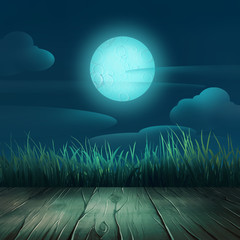 Background illustration with wooden floor and meadow with grass behind it