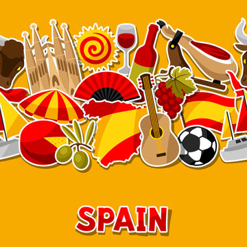Spain seamless pattern. Spanish traditional sticker symbols and objects