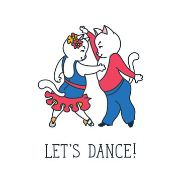 Let's dance! Doodle vector illustration of dancing cat couple.