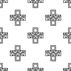 Seamless vector pattern. Black and white geometrical background with hand drawn decorative tribal elements. Print with ethnic, folk, traditional motifs. Graphic vector illustration.