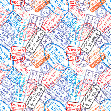 Many International travel visa rubber stamps imprints, seamless pattern