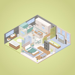 High Tech Modern Apartment Interior Design with Living Room, Bedroom and Kitchen. Isometric vector flat 3d illustration