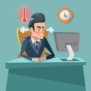 Angry Businessman Cartoon with Computer. Stress at Work. Vector character illustration