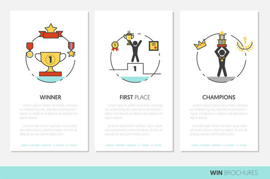 Awards and Trophy Business Brochure Template with Linear Thin Line Vector Icons