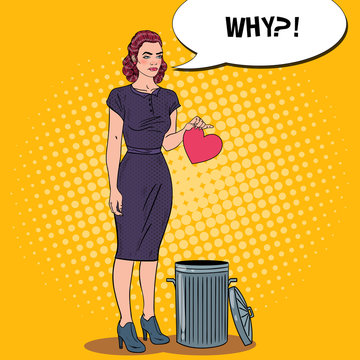 Unhappy Beautiful Woman Throws Her Heart in the Trash. Breakup. Pop Art Vector illustration