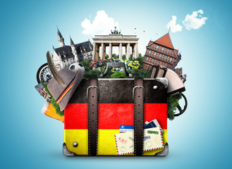 Germany, german landmarks, travel and retro suitcase - obrazy, fototapety, plakaty