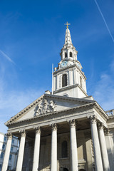 Bright blue sky view of the St Martin-in-the-Fields church, the London, England landmark built in 1726