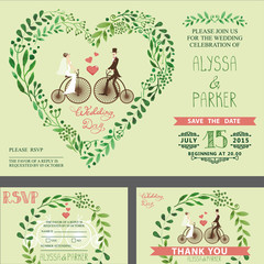 Wedding invitation.Green branches ,bride,groom,retro bicycle