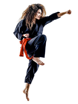 one caucasian woman practicing martial arts Kung Fu Pencak Silat in studio isolated on white background