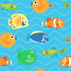 Papier peint Vagues de la mer Modèle mignon sans couture avec différents poissons tropicaux
