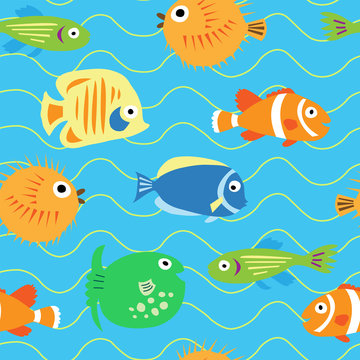 Seamless cute pattern with different tropical fish
