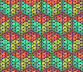 Vector seamless pattern. Background with isometric cubes made of hexagon particles.