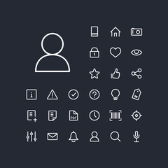 User icon in set on the black background. Universal linear icons to use in web and mobile app.