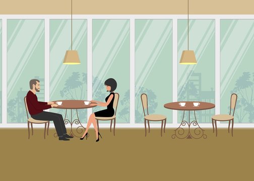 A couple in the restaurant. There is a man and a woman, sitting at the table on a window background in the picture. Vector flat illustration.