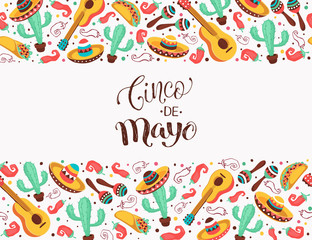 Viva Mexico poster in horizontal stripe composition. Mexican culture symbols collection. Guitar, sombrero, maracas, cactus and jalapeno isolated on white background.
