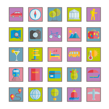 Collection of flat travel icons. Vector colorful icons for web, print, mobile apps design