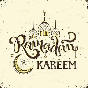 Ramadan Kareem hand drawn calligraphy isolated on white background. Islam 9th month symbols. Mosque dome, crescent and stars with Ramadan wording in sketch style.