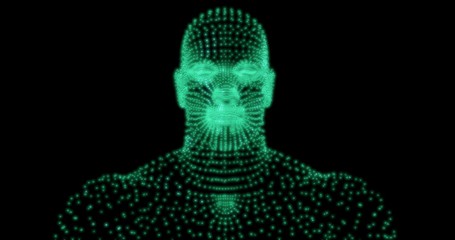 Glowing green male face comprised of tiny cubes. Front view. 3d rendering.