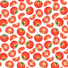 Seamless pattern from chopped ripe tomatoes isolated on white background.  Fresh tomato slices background.