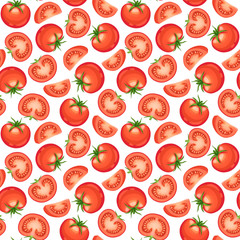 Seamless pattern from chopped ripe tomatoes isolated on white background.  Fresh tomato slices background.