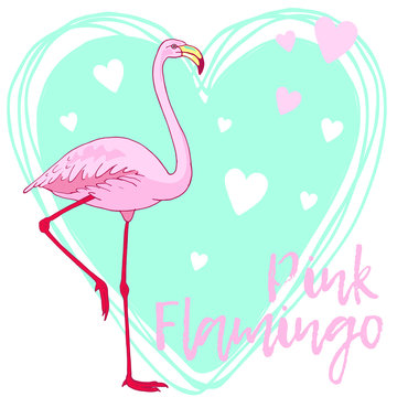 Vector pink flamingo bird illustration. Hand drawn sketch with the wild animal. Romantic Valentines day illustration