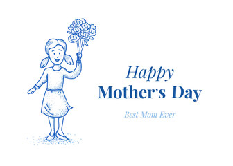 Happy mother's day. Daughter with flowers. Small girl. Hand drawn illustration. Blue line design. Card template.
