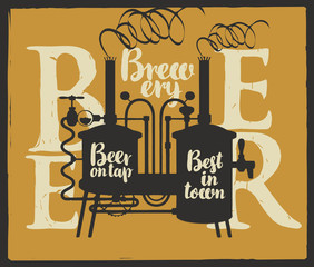 Template vector label for beer on tap with brewery and inscriptions on a shabby background in retro style