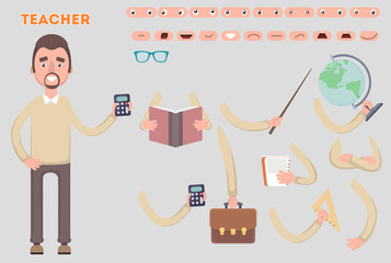 Body parts template for design work and animation. Funny cartoon teacher is a character. Vector illustration on a light background.
