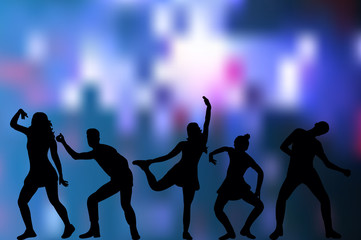 Fototapeta na wymiar silhouette of dancing people, disco background, party
