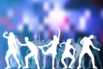 vector, silhouette of dancing people, disco background, party