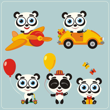 Set isolated panda for holiday design. Panda in airplane, car, with balloons and gifts. Collection funny panda in cartoon style for children holiday and birthday.