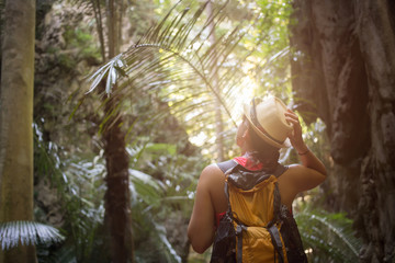 Woman among thickets of palms